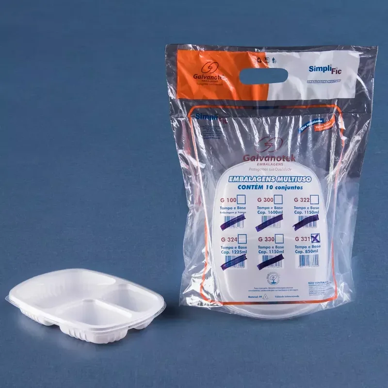 Bandeja Refeicao 3 Divisorias Baixo PP - 850ml SKU G331BRSF - embalagem Galvanotek